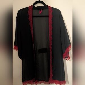 La SENZA Black Sheer Robe with Red Lace Trim
